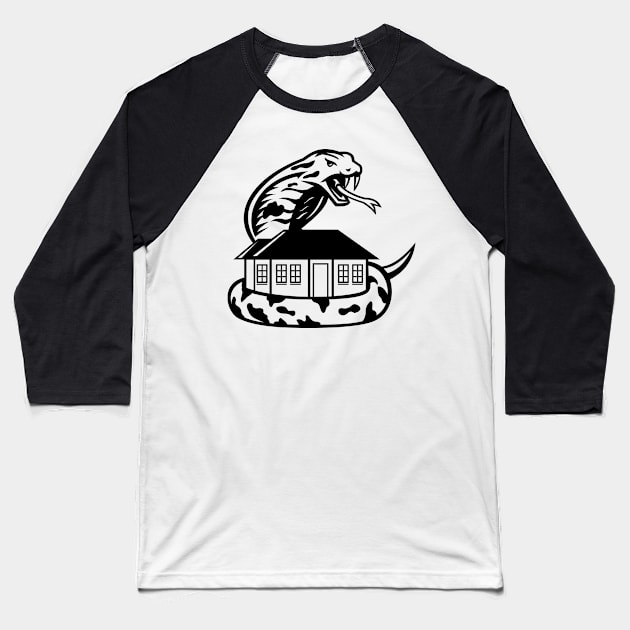 King Cobra or Ophiophagus Hannah Venomous Snake Guarding a House Ready to Attack Mascot Black and White Baseball T-Shirt by patrimonio